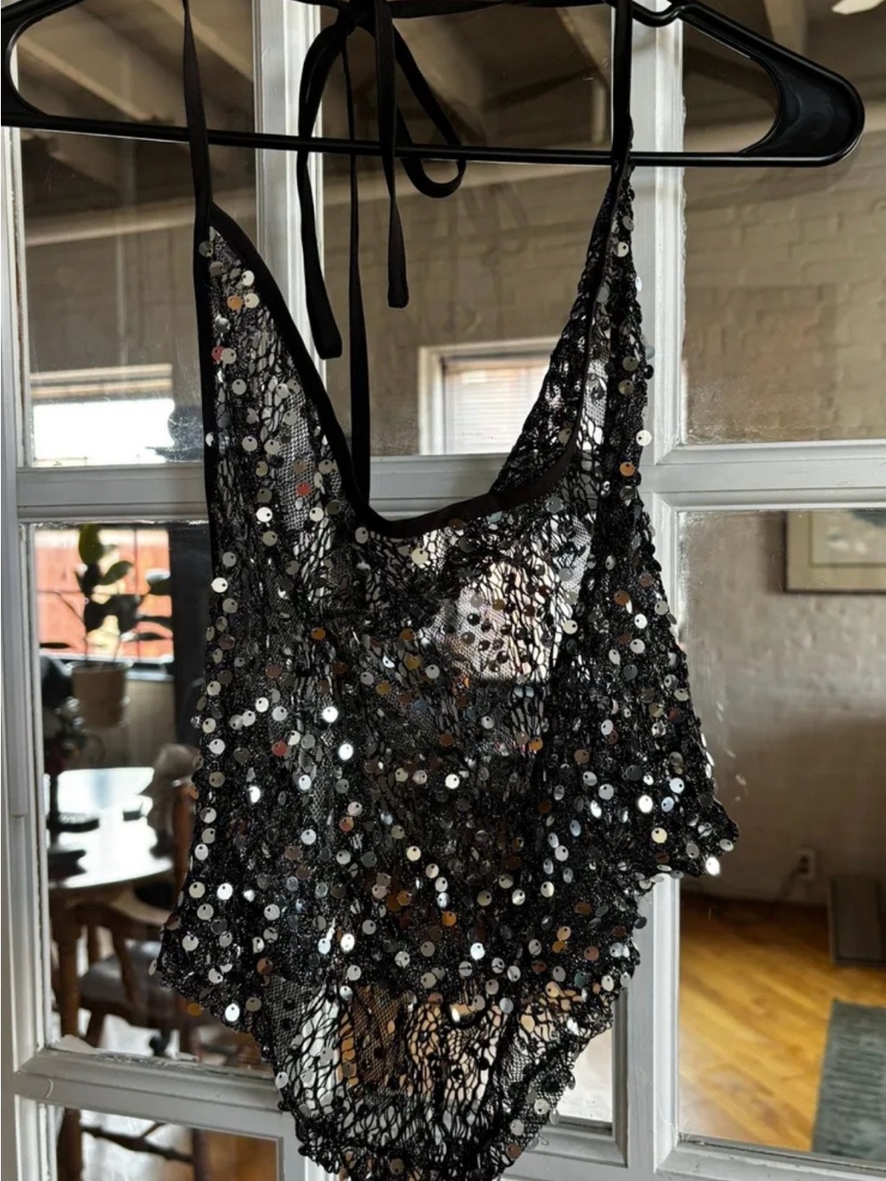 Cider Black Sequin Crochet Halter Top
